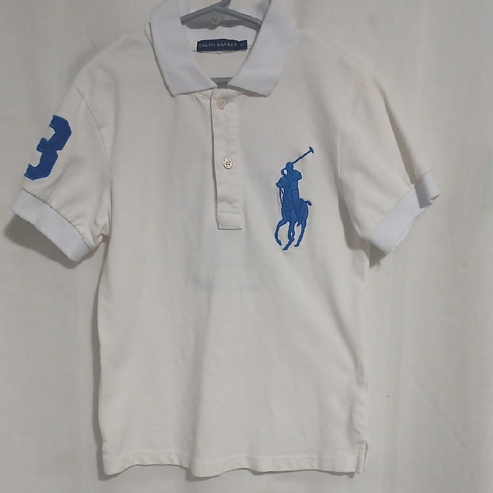 Ralph Lauren Kids Polo Shirt in White with Blue Embroidered Accents.